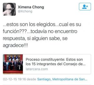 Pantallazo de Twitter de Ximena Chong.